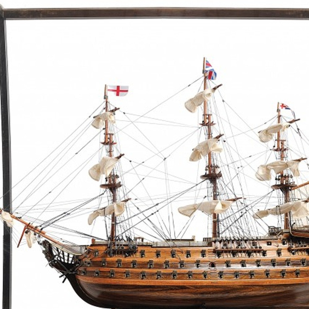 30" Wood Brown HMS Victory Medium Open Front Display Case Boat Hand Painted Decorative Boat