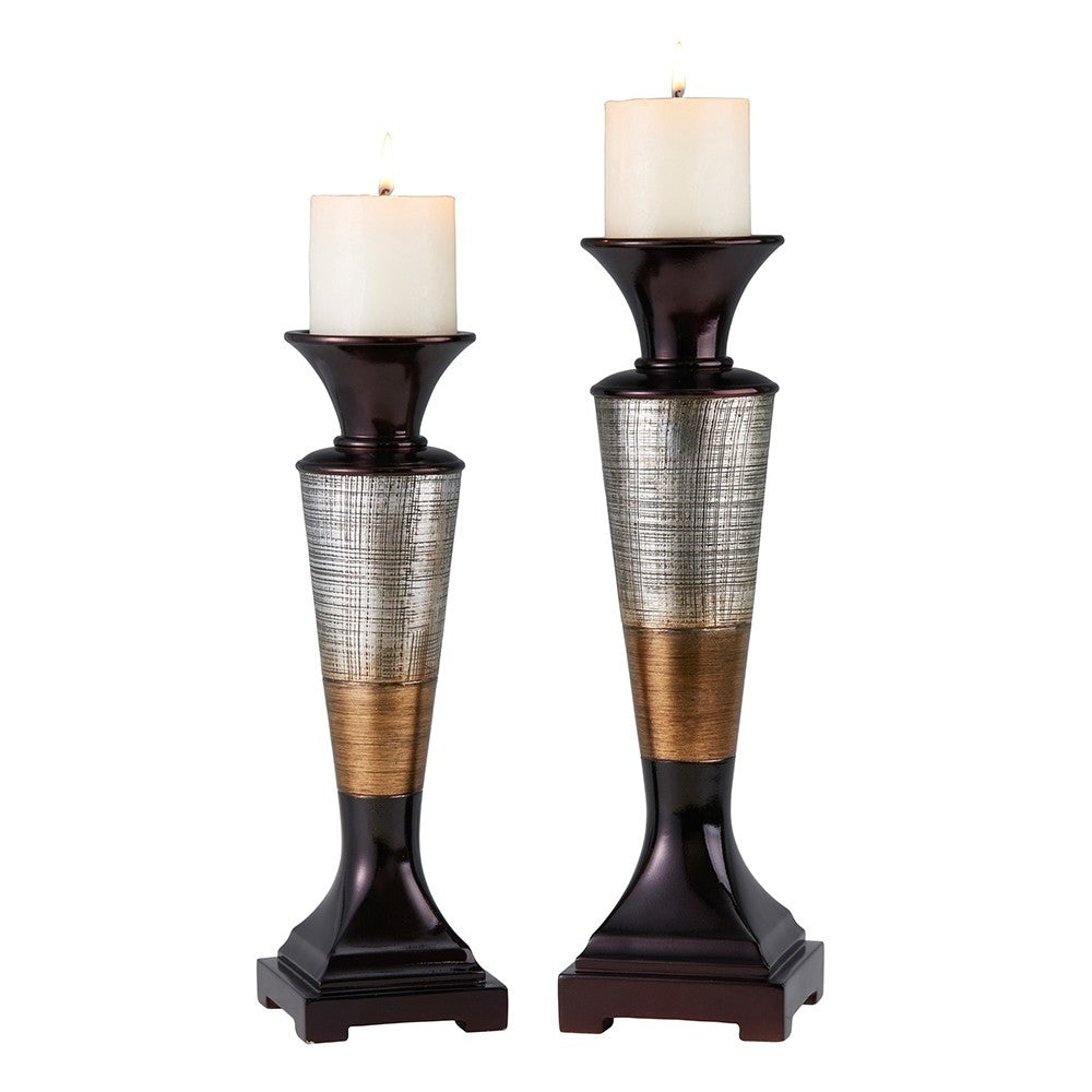 Set Of Two Silver and Brown Pillar Tabletop Pillar Candle Holder