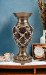 18" Gold and Brown Damask Polyresin Round Urn Vase