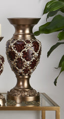 18" Gold and Brown Damask Polyresin Round Urn Vase