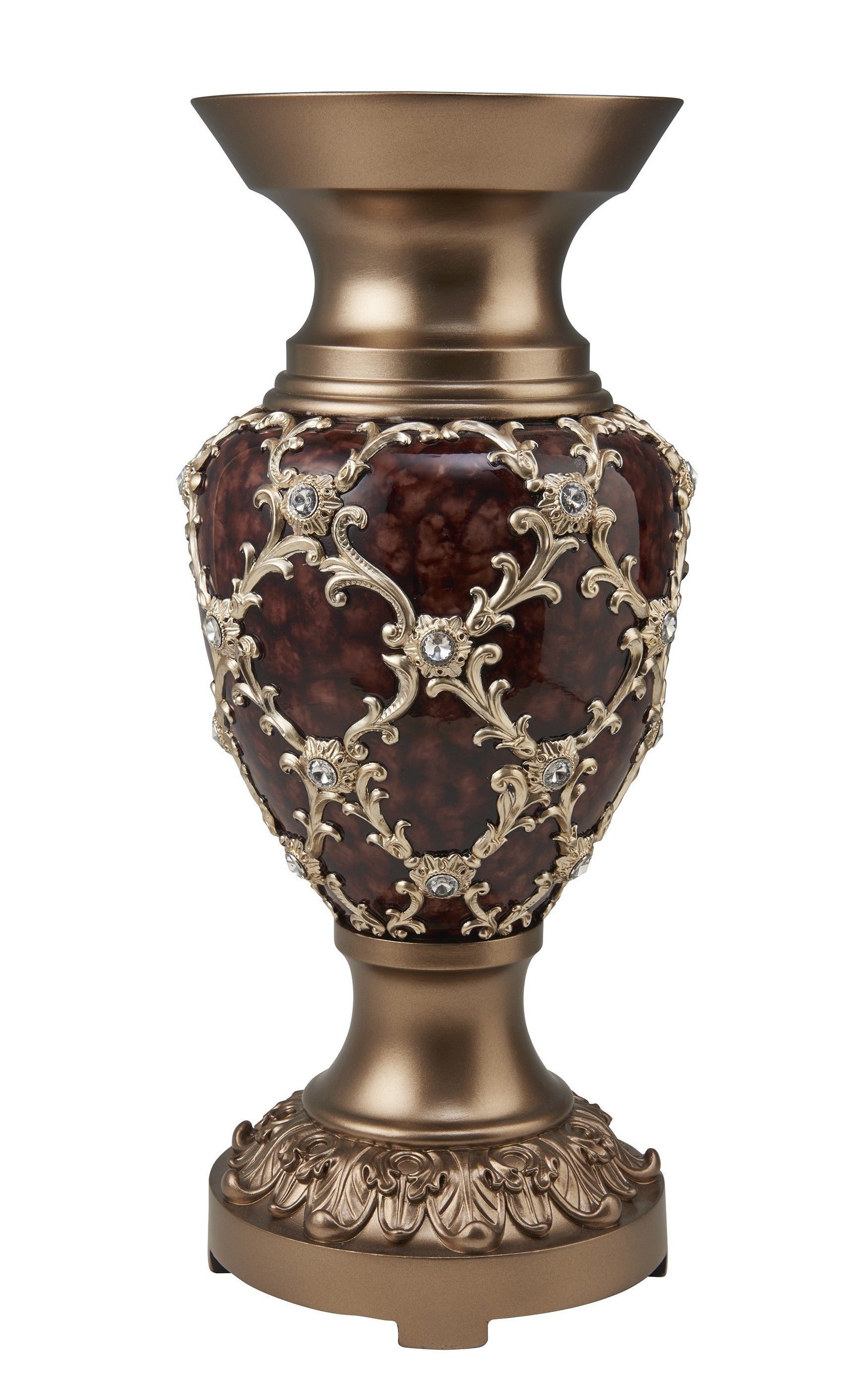 18" Gold and Brown Damask Polyresin Round Urn Vase