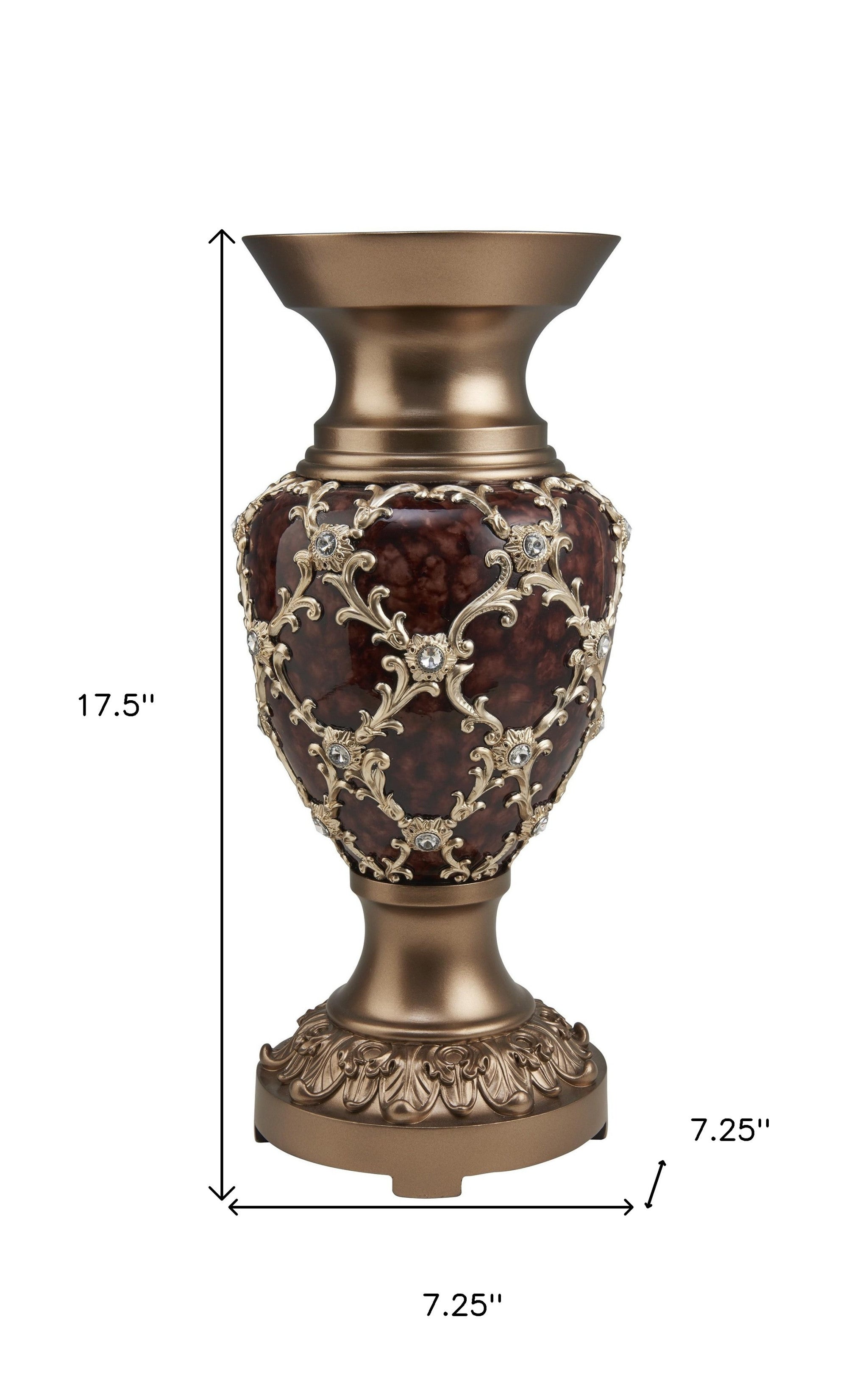 18" Gold and Brown Damask Polyresin Round Urn Vase