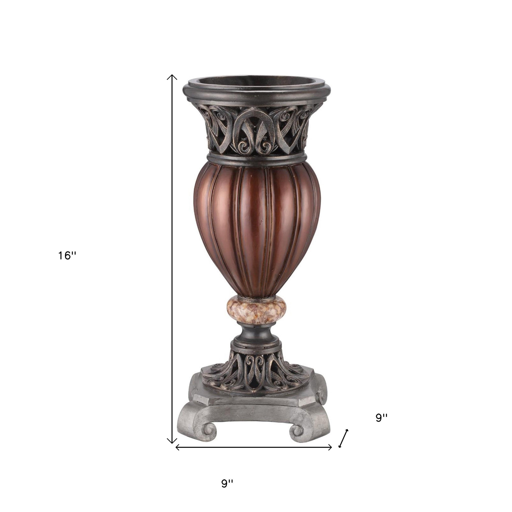 16" Polyresin Brown and Bronze Striped Round Urn