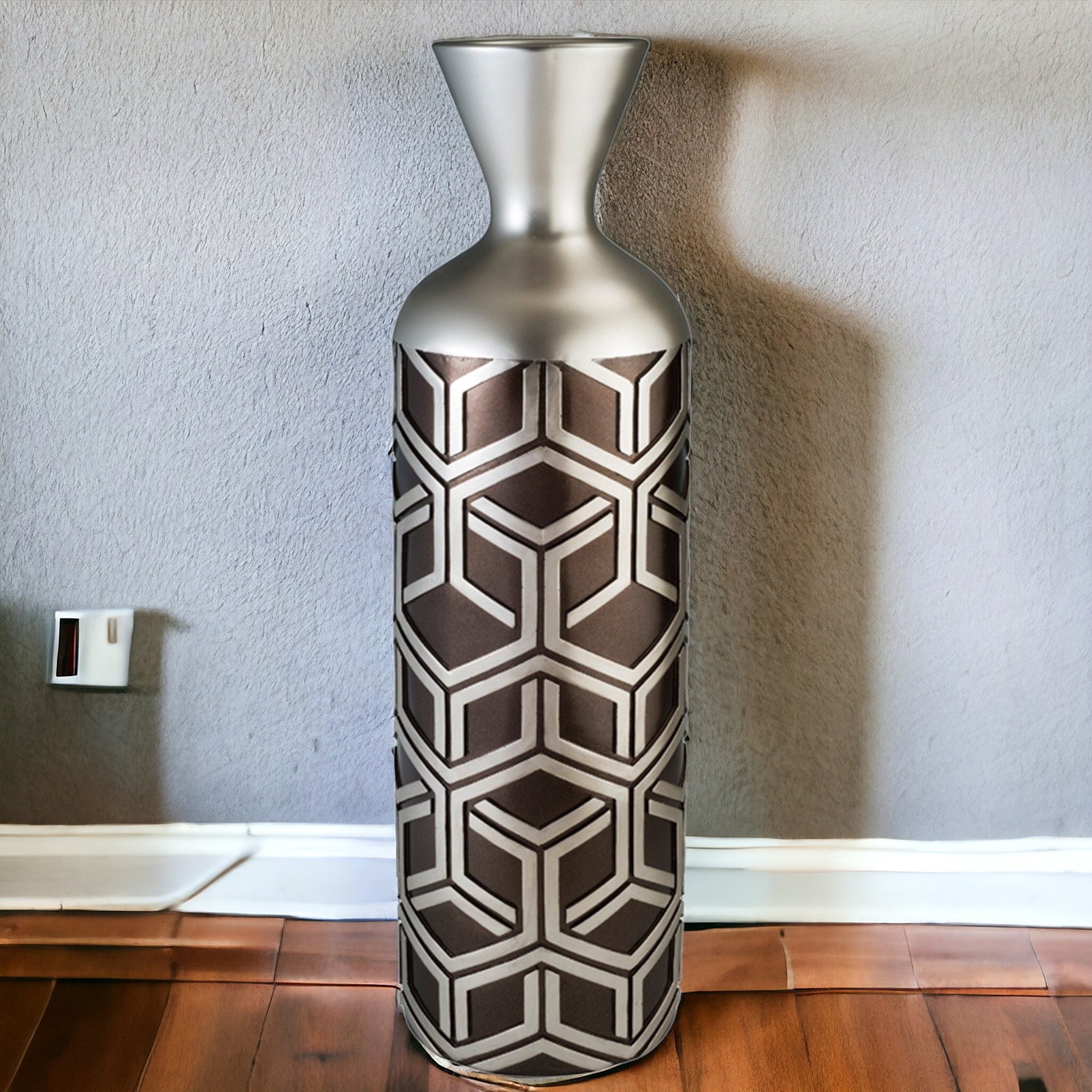 22" Brown and Silver Geometric Polyresin Floor Vase