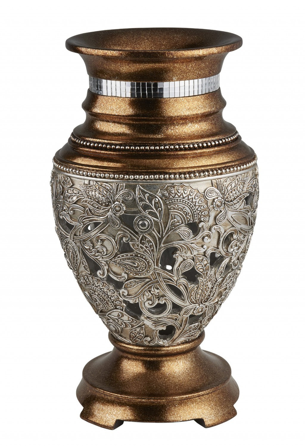 15" Gold and Silver Paisley Polyresin Round Urn Vase