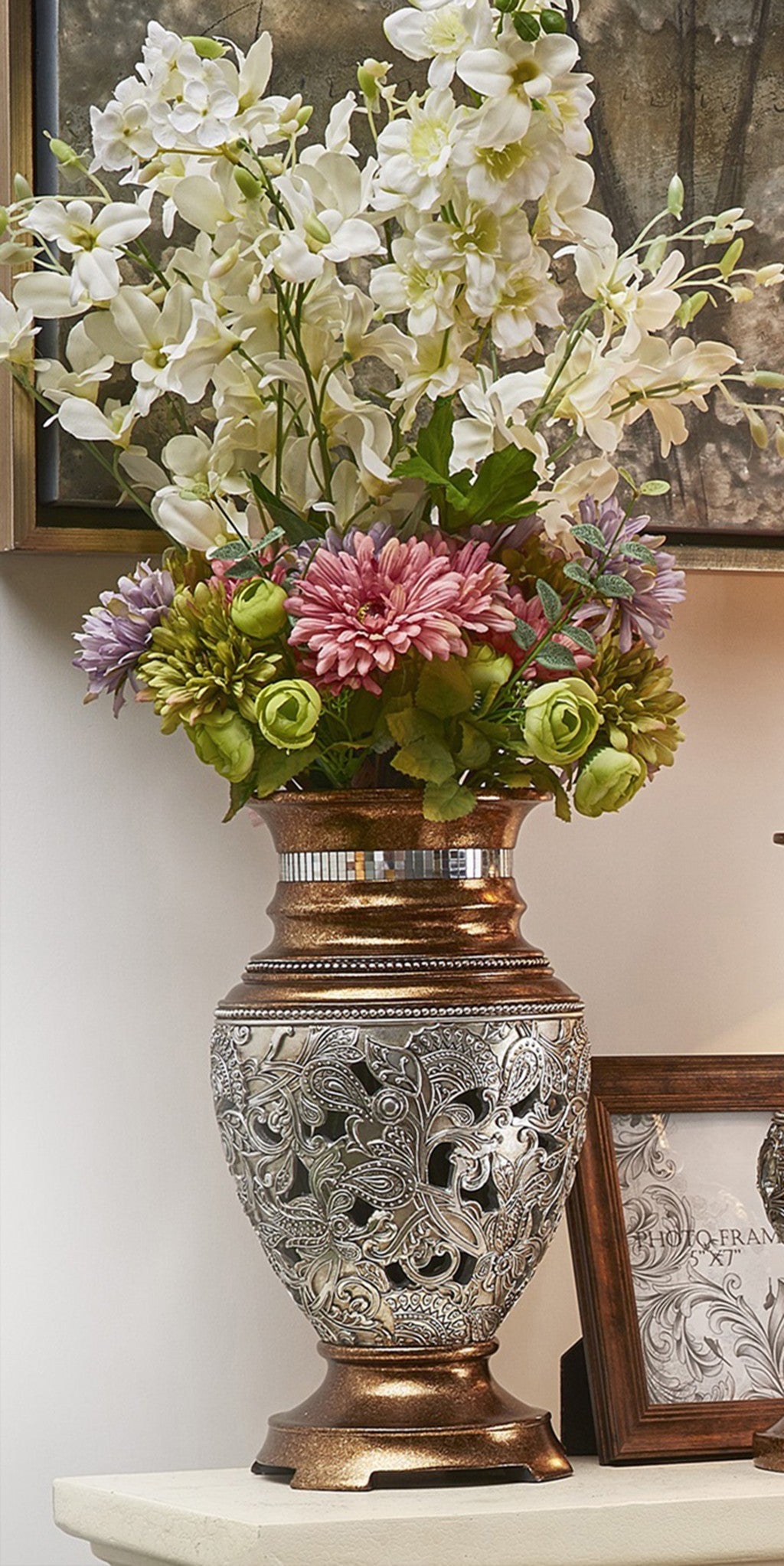 15" Gold and Silver Paisley Polyresin Round Urn Vase