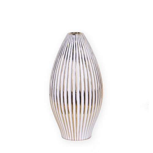 14" White and Gold Ceramic Striped Bud Vase