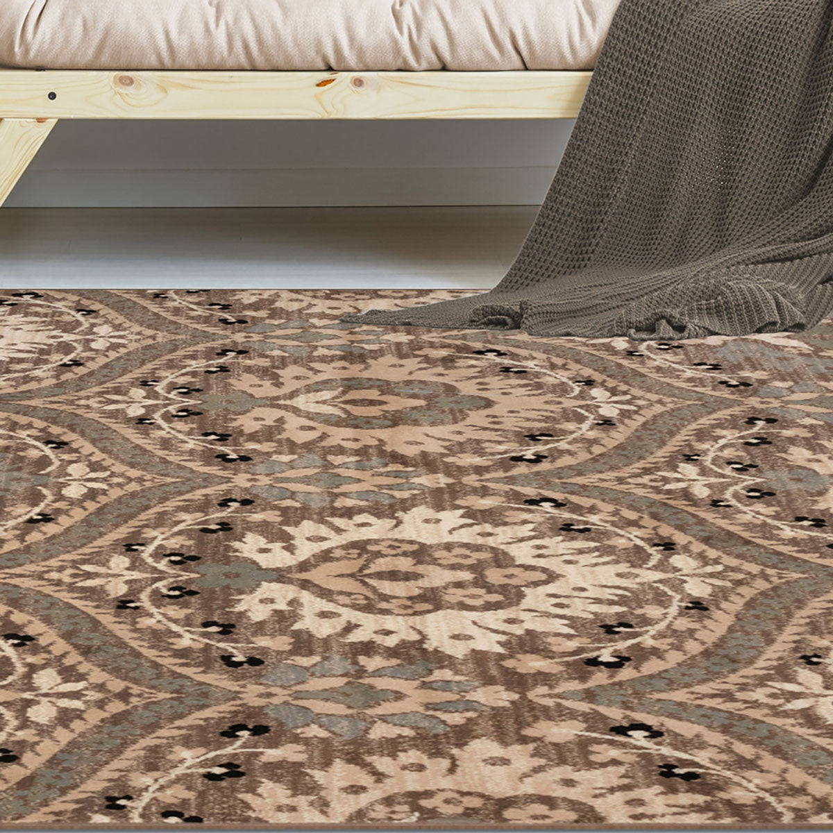 9' X 12' Light Blue Floral Power Loom Stain Resistant Area Rug