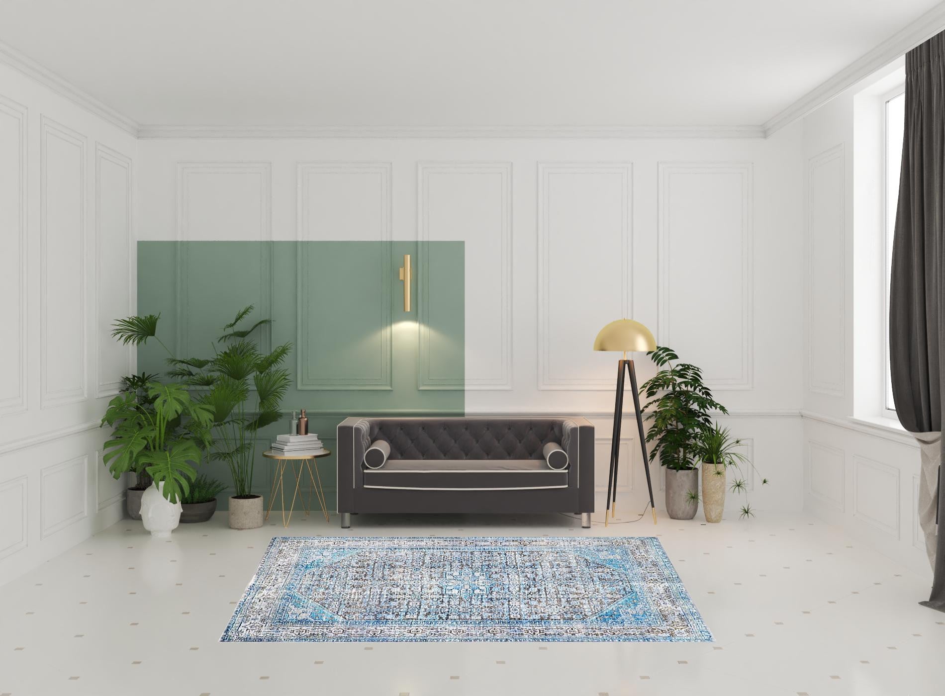 5' X 8' Shades Of Azure Oriental Stain Resistant Area Rug