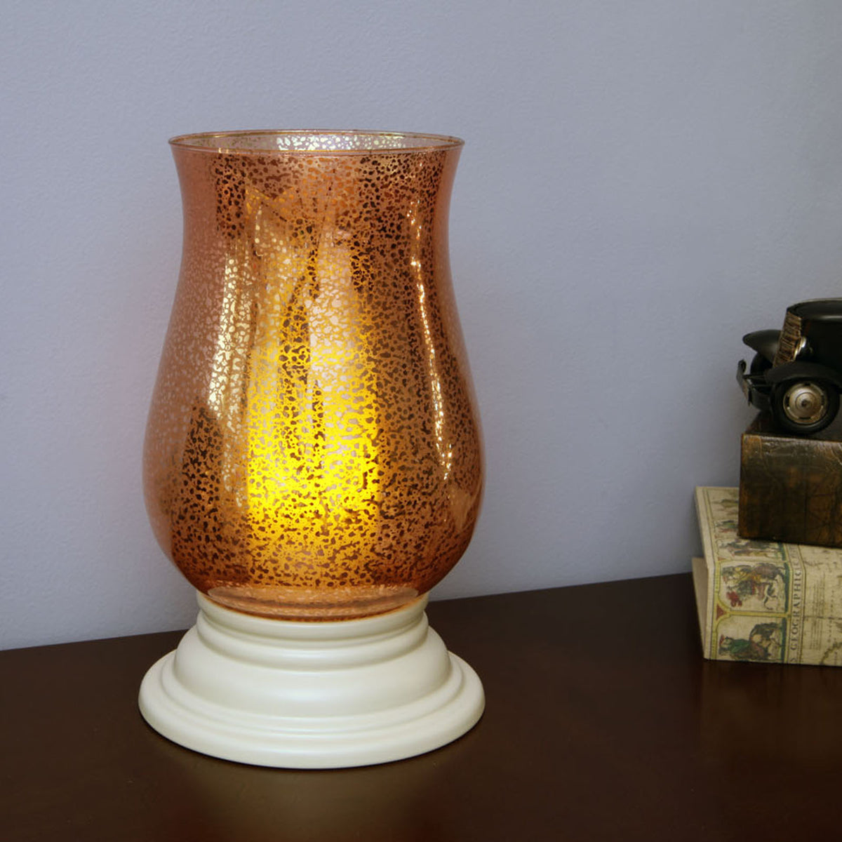 14" Coral Glass Centerpiece Hurricane Candle Holder With Candle