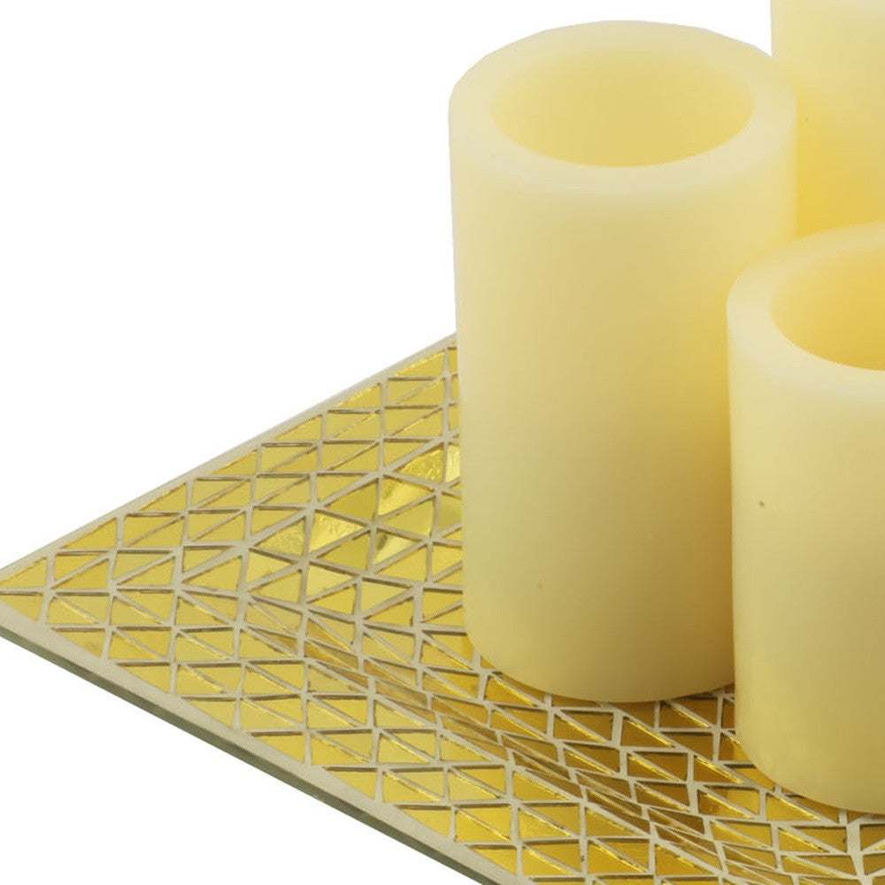 Set of Three Gold Flameless Pillar Candles With Holder