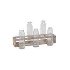 Set of Six Clear Glass Decorative Bottles and Wood Stand