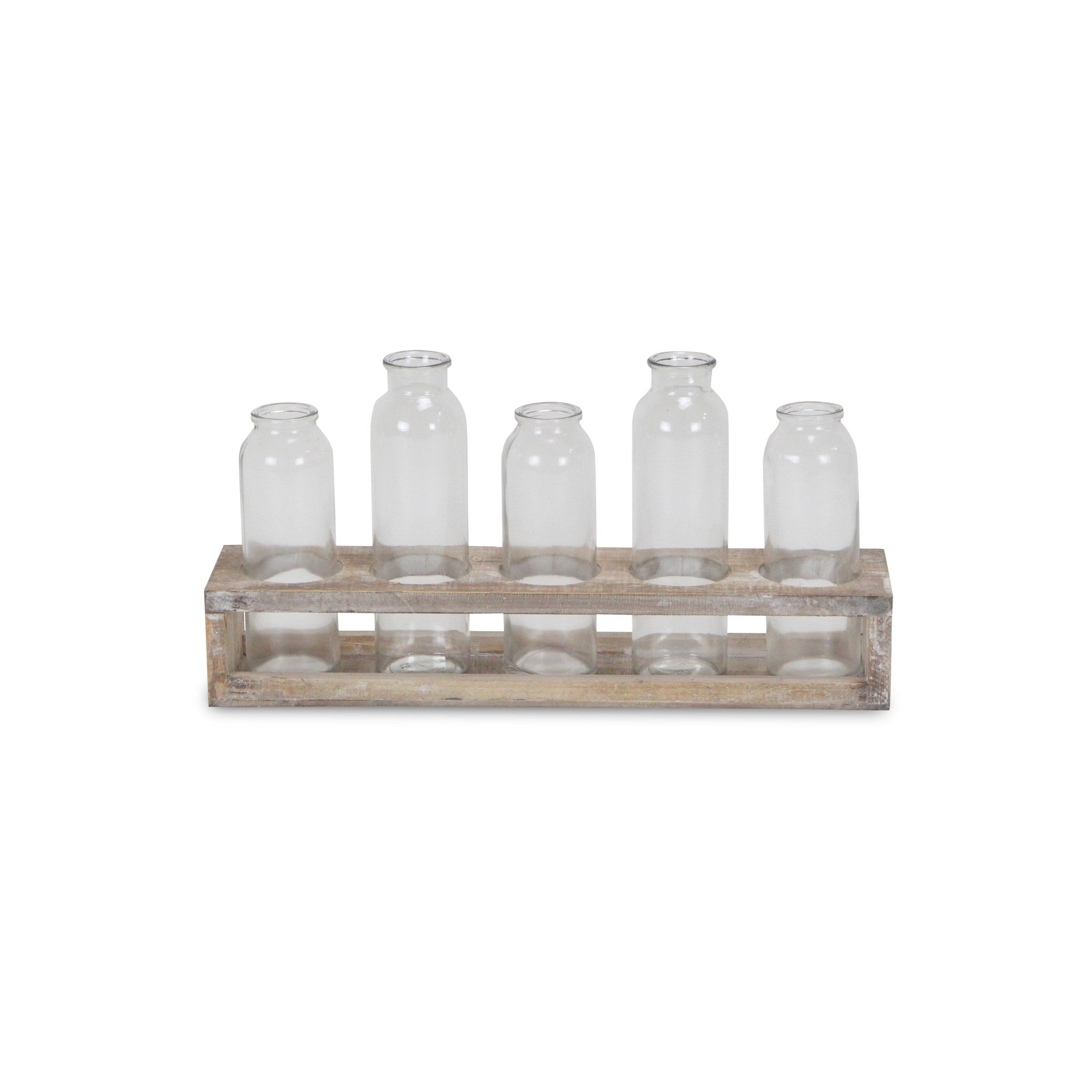 Set of Six Clear Glass Decorative Bottles and Wood Stand