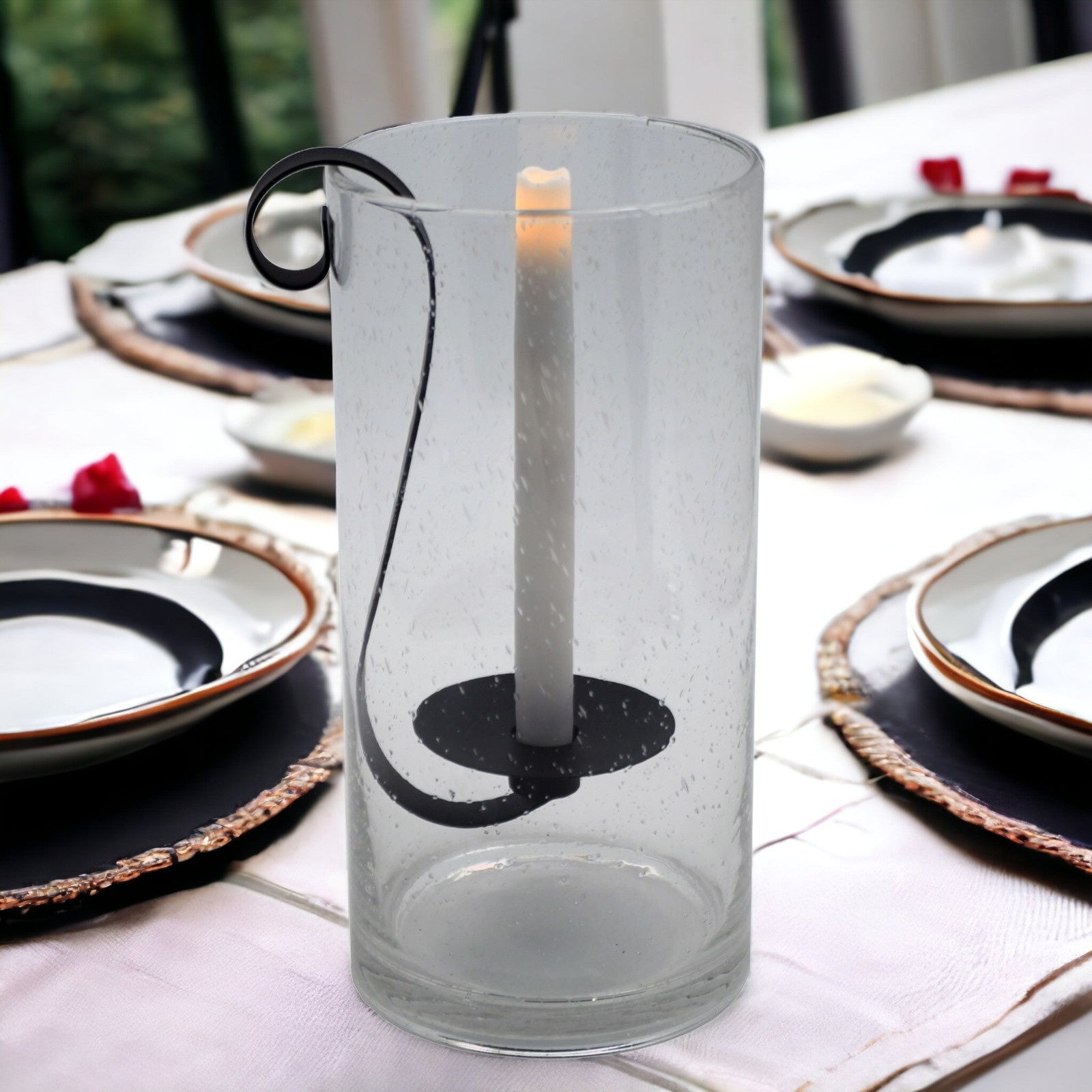 12" Light Gray Seeded Glass Centerpiece Taper Candle Holder With Candle