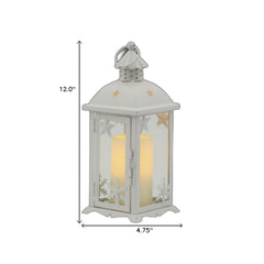 12" White Metal Tabletop Lantern Candle Holder With Candle