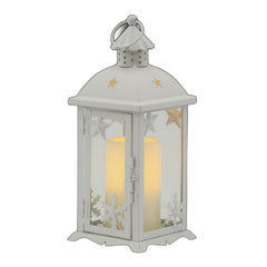 12" White Metal Tabletop Lantern Candle Holder With Candle