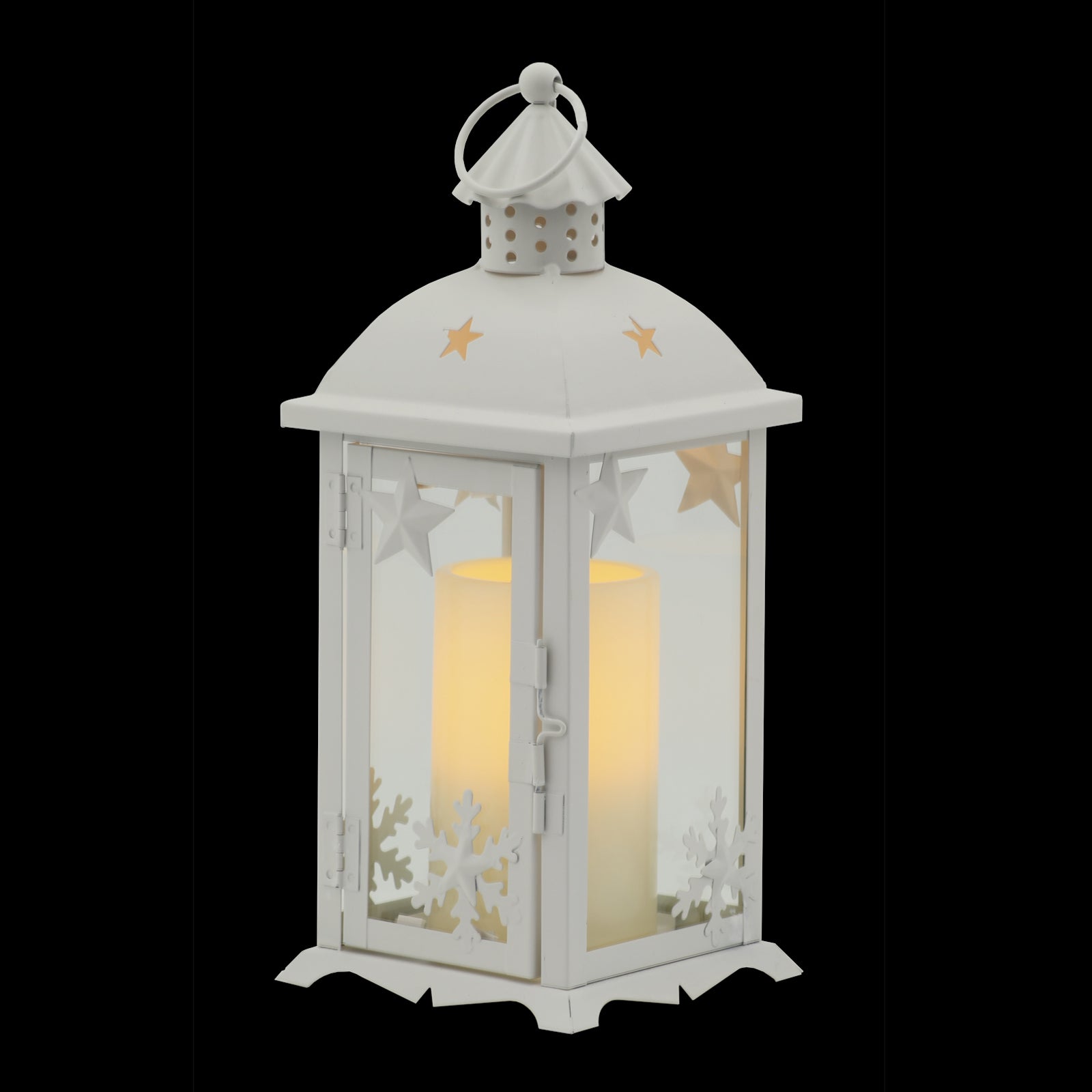 12" White Metal Tabletop Lantern Candle Holder With Candle