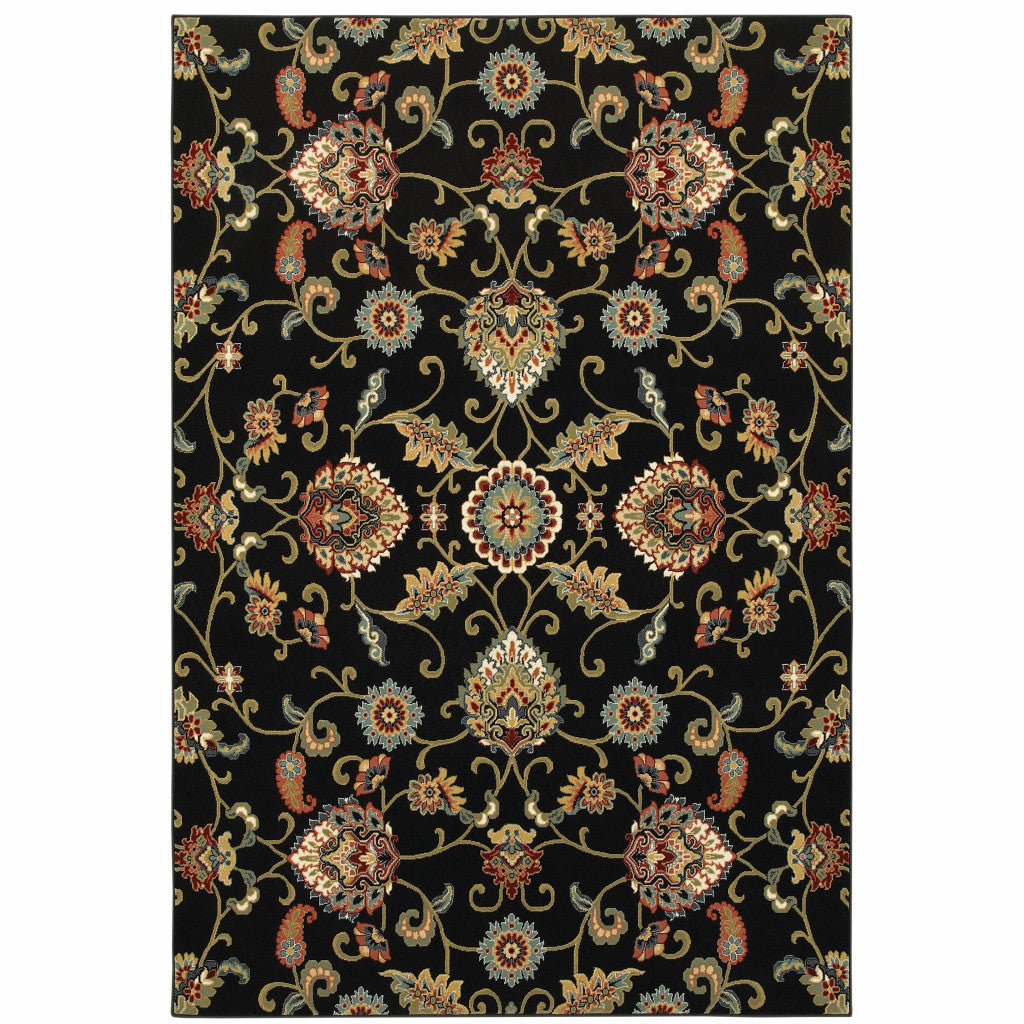 4' X 6' Black Red Green Ivory Salmon And Yellow Floral Power Loom Stain Resistant Area Rug