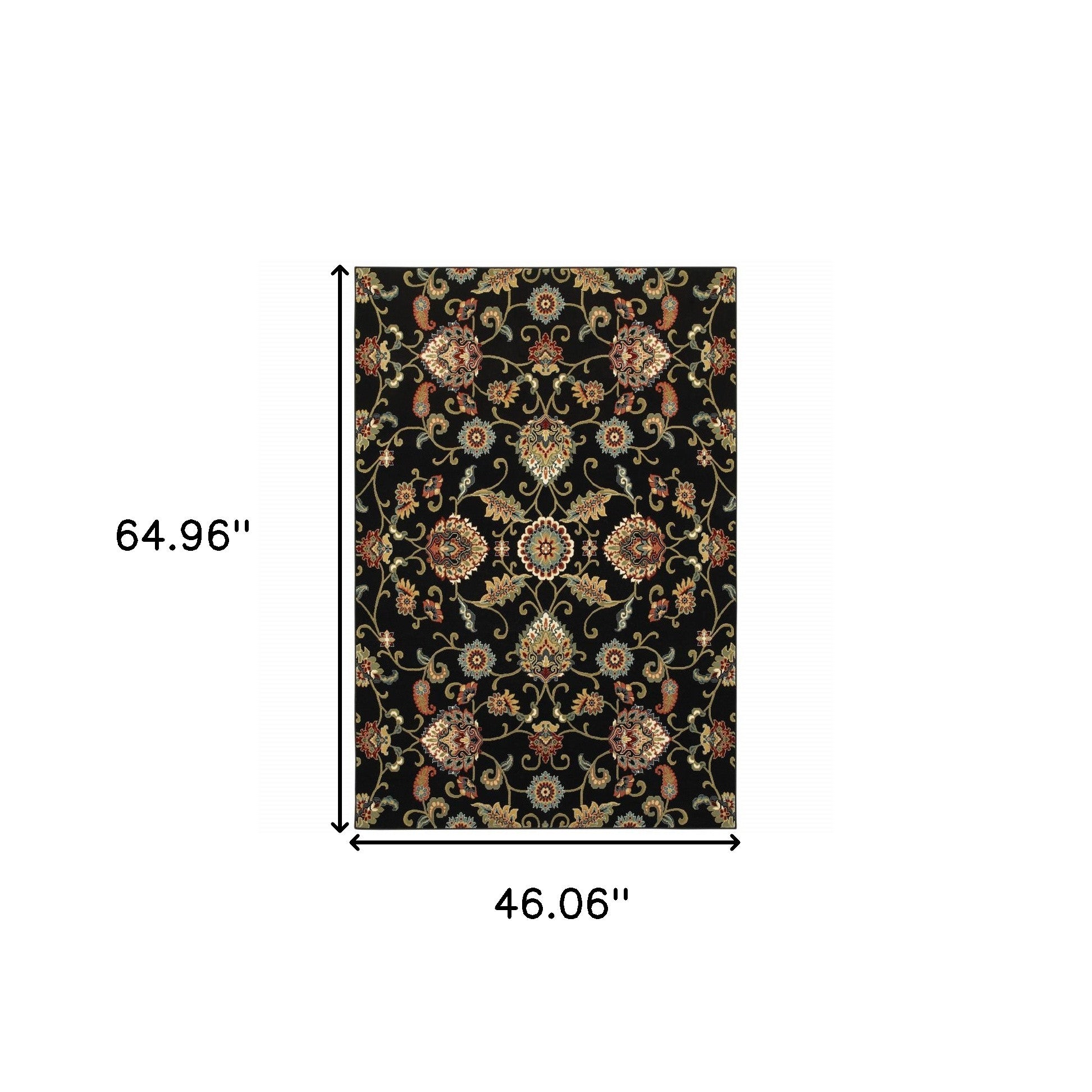 4' X 6' Black Red Green Ivory Salmon And Yellow Floral Power Loom Stain Resistant Area Rug