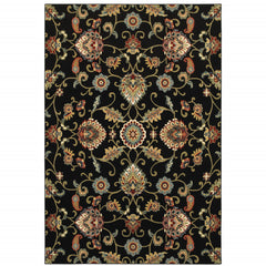 4' X 6' Black Red Green Ivory Salmon And Yellow Floral Power Loom Stain Resistant Area Rug