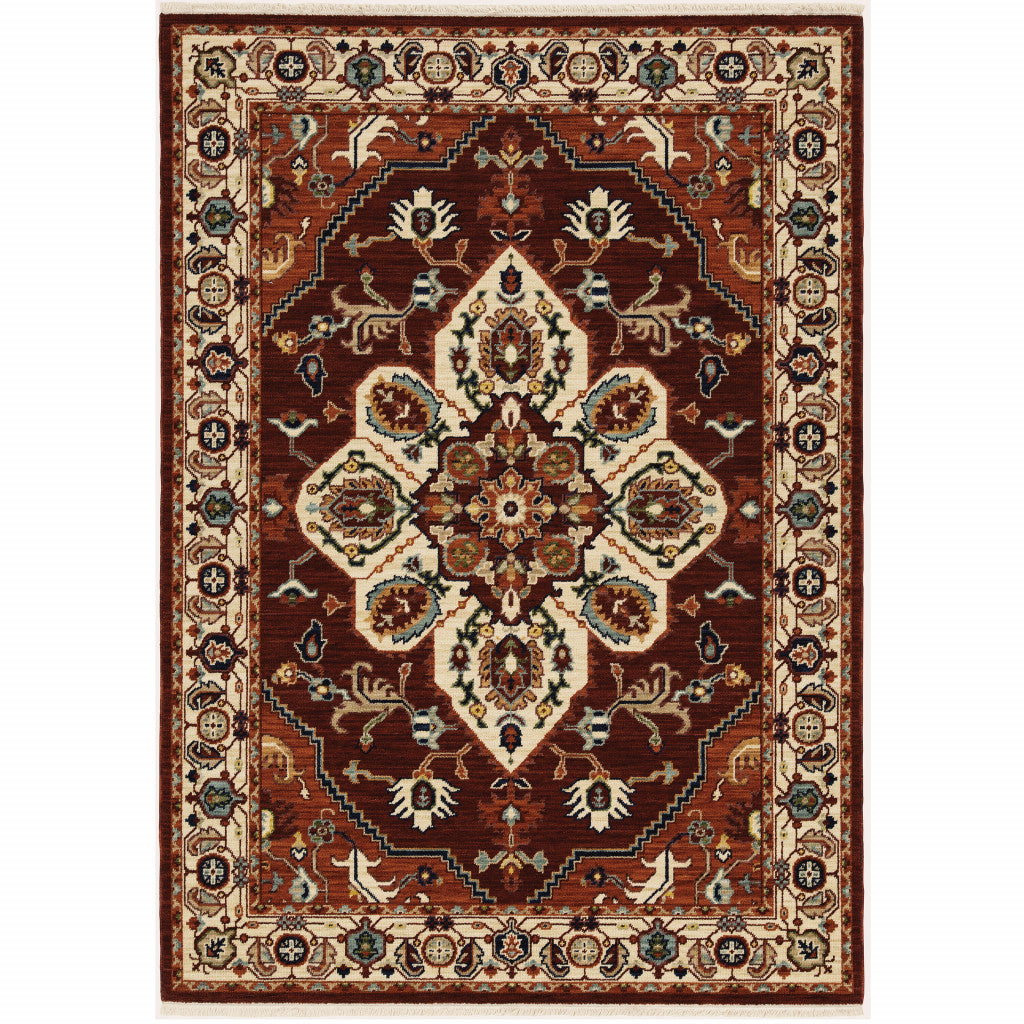 5' X 8' Red Ivory Orange And Blue Oriental Power Loom Stain Resistant Area Rug With Fringe