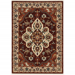 5' X 8' Red Ivory Orange And Blue Oriental Power Loom Stain Resistant Area Rug With Fringe