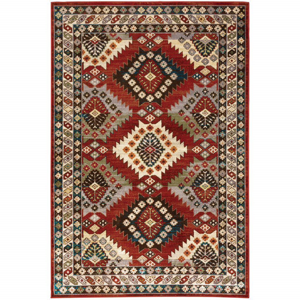 5' X 7' Red And Ivory Southwestern Power Loom Area Rug