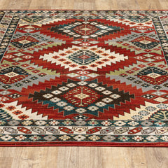 5' X 7' Red And Ivory Southwestern Power Loom Area Rug