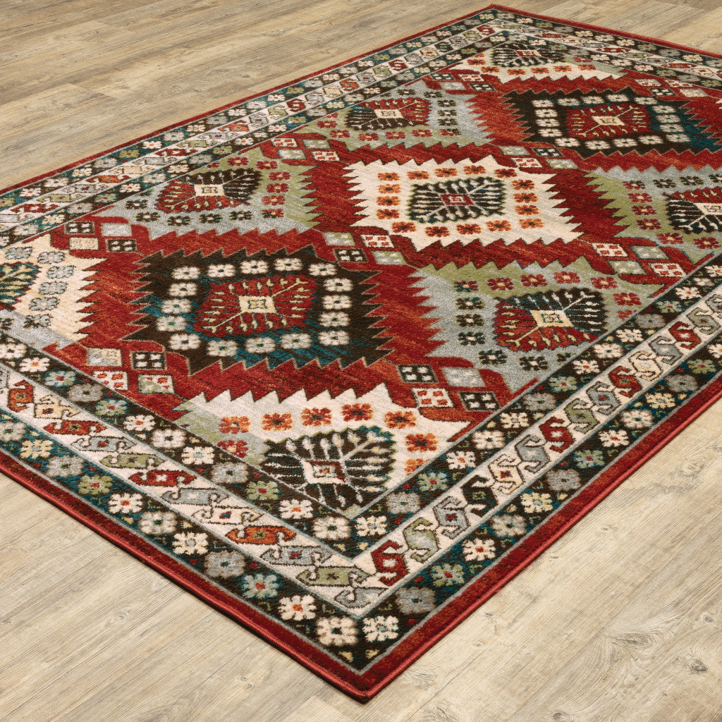 5' X 7' Red And Ivory Southwestern Power Loom Area Rug