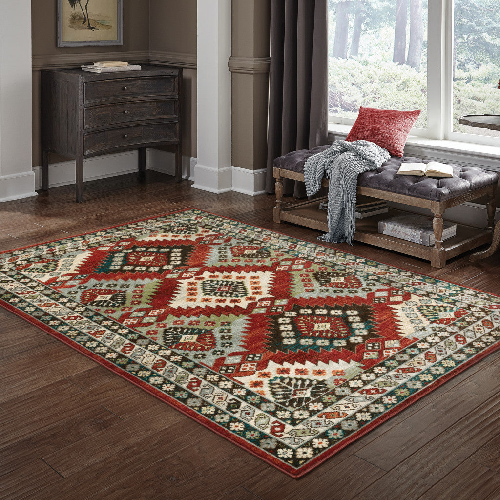 5' X 7' Red And Ivory Southwestern Power Loom Area Rug