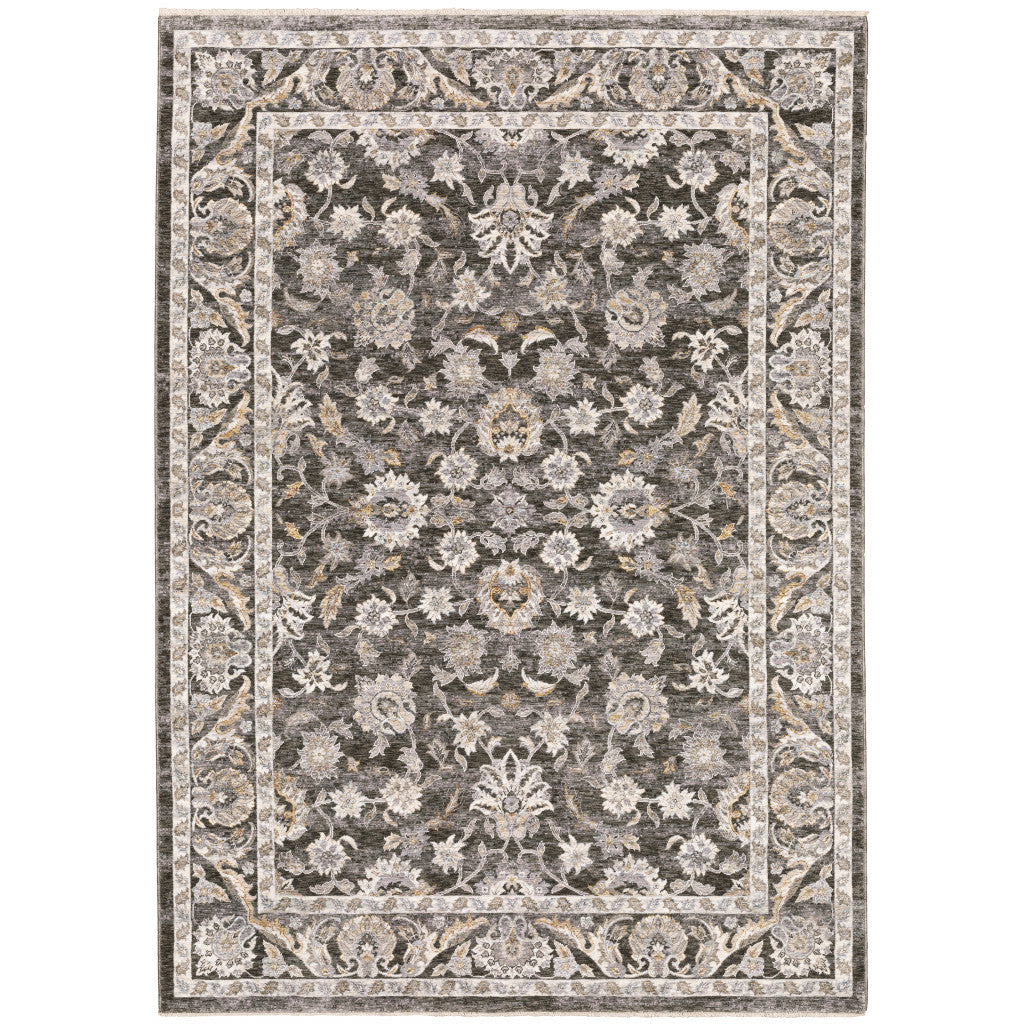 10' X 13' Grey And Ivory Oriental Power Loom Stain Resistant Area Rug With Fringe