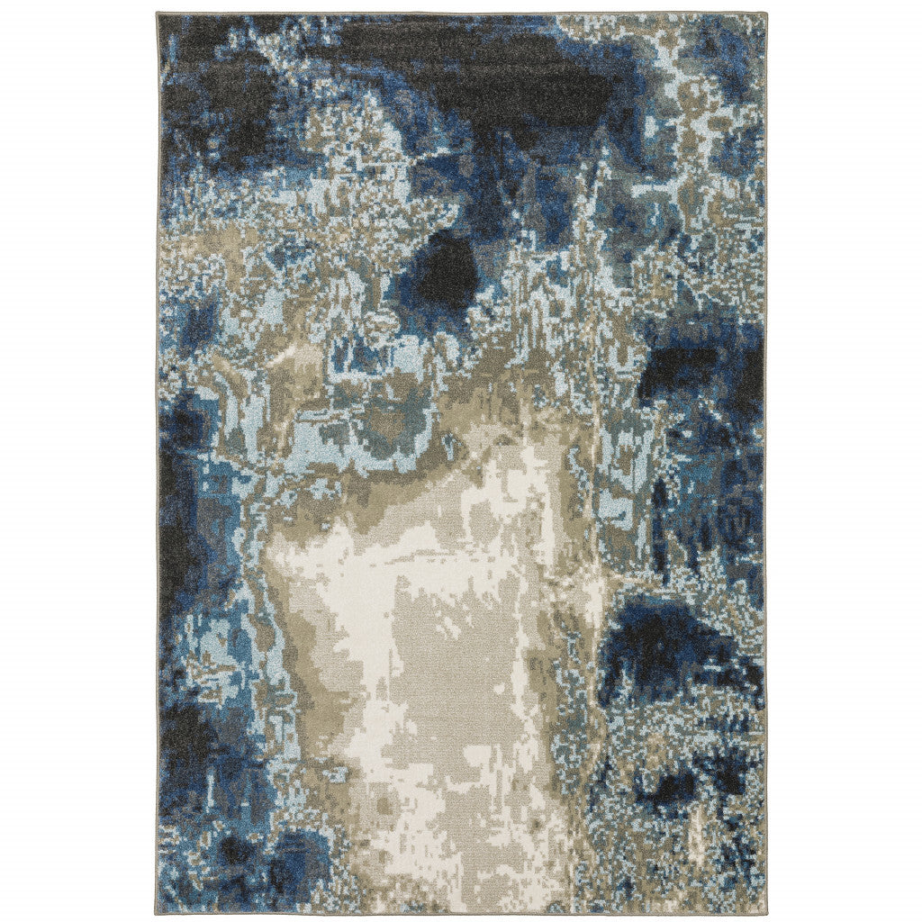 10' X 13' Blue Grey Charcoal And Beige Abstract Power Loom Stain Resistant Area Rug