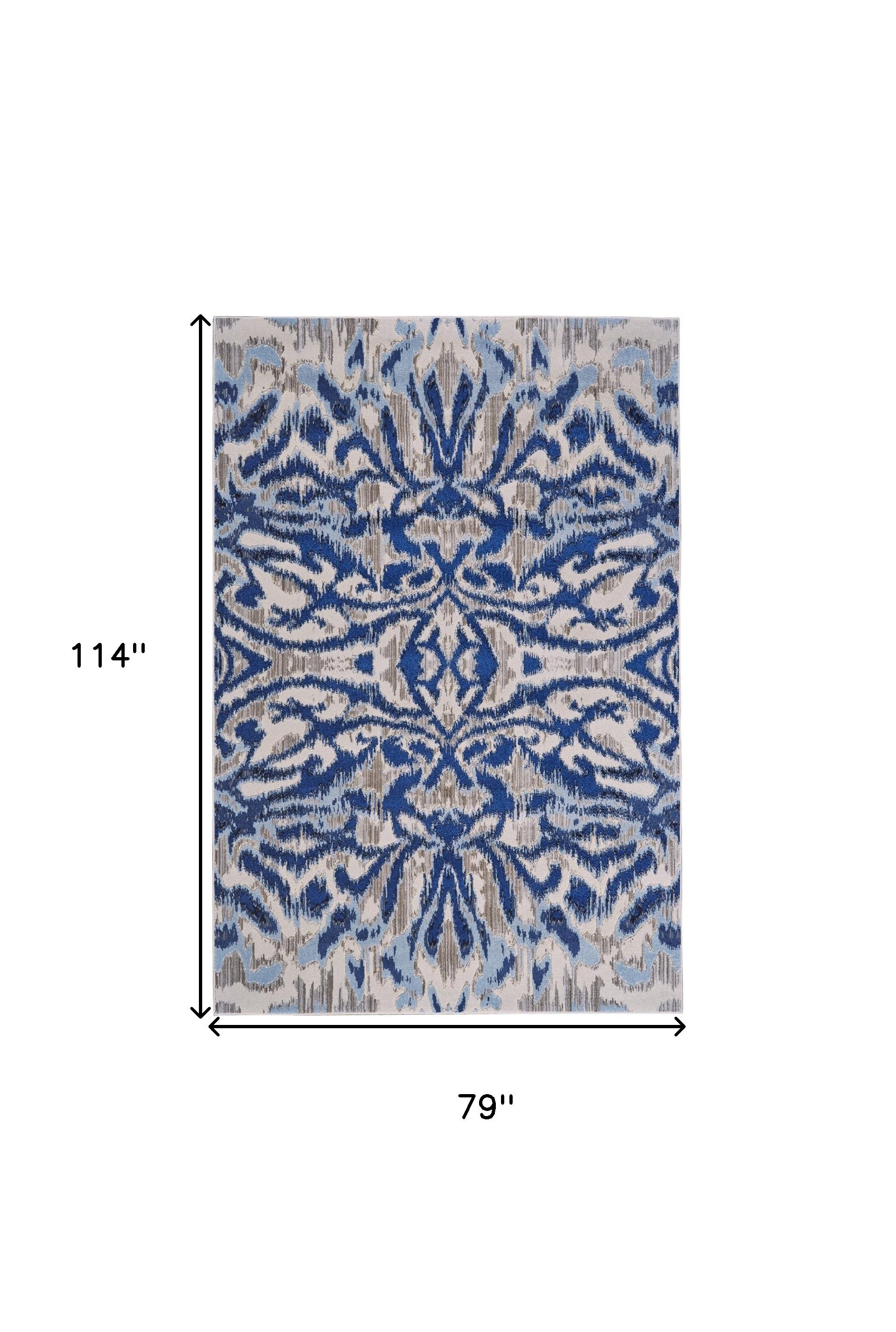 7' X 10' Blue Taupe And Ivory Ikat Distressed Area Rug