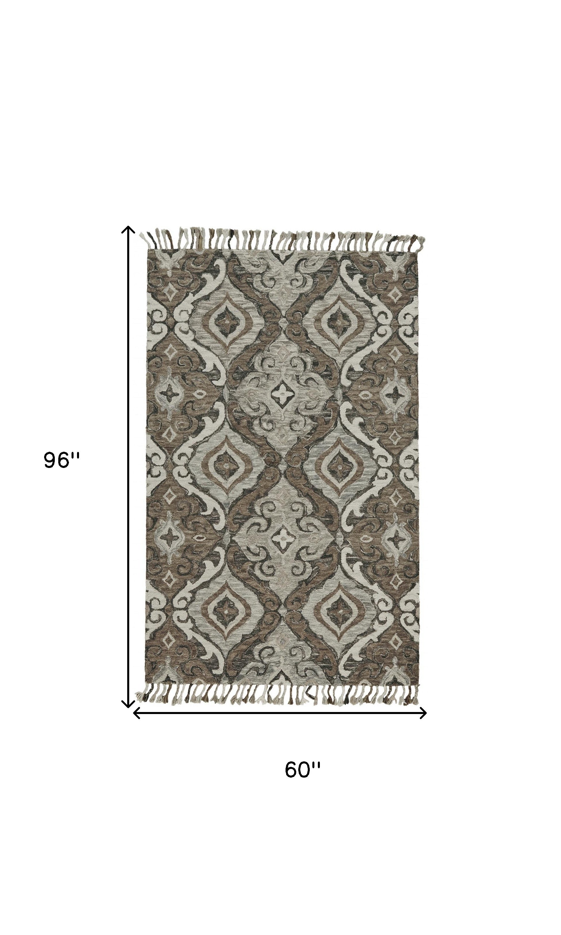 5' X 8' Gray Taupe And Ivory Wool Floral Tufted Handmade Area Rug With Fringe