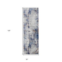 10' Ivory and Blue Abstract Power Loom Distressed Runner Rug