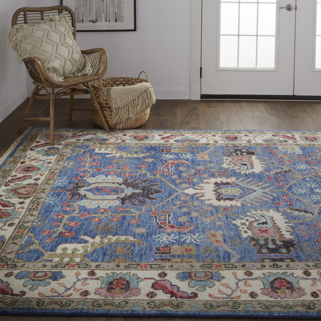 12' X 15' Blue And Red Wool Floral Hand Knotted Stain Resistant Area Rug