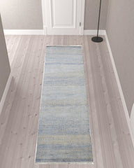 10' Blue and Silver Wool Striped Hand KNotted Runner Rug