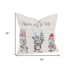 14" X 14" Beige and Gray Dog Christmas Linen Linen Blend Zippered Pillow With Embroidery