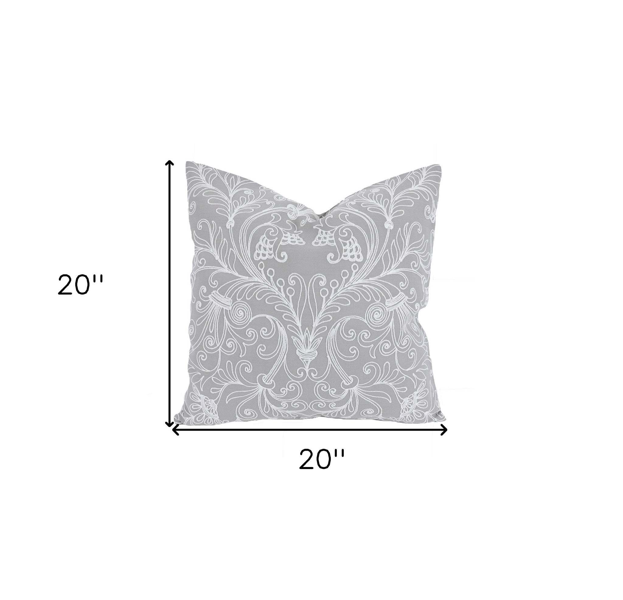 20" X 20" Gray and White Damask Polyester Zippered Pillow With Embroidery
