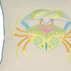 18" x 18" Beige and Aqua Crab Linen Blend Zippered Pillow With Embroidery