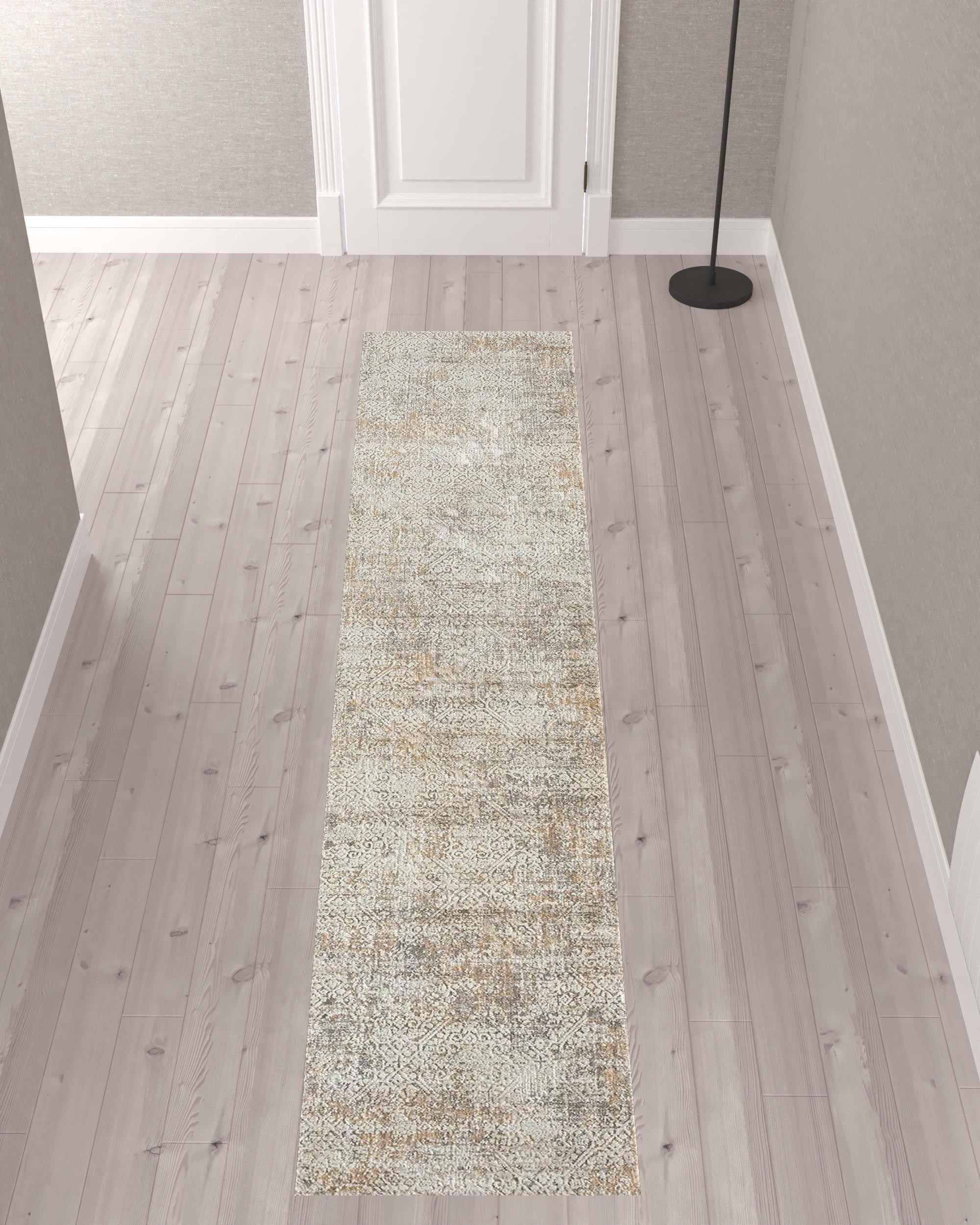 2' X 10' Gray Damask Distressed Runner Rug