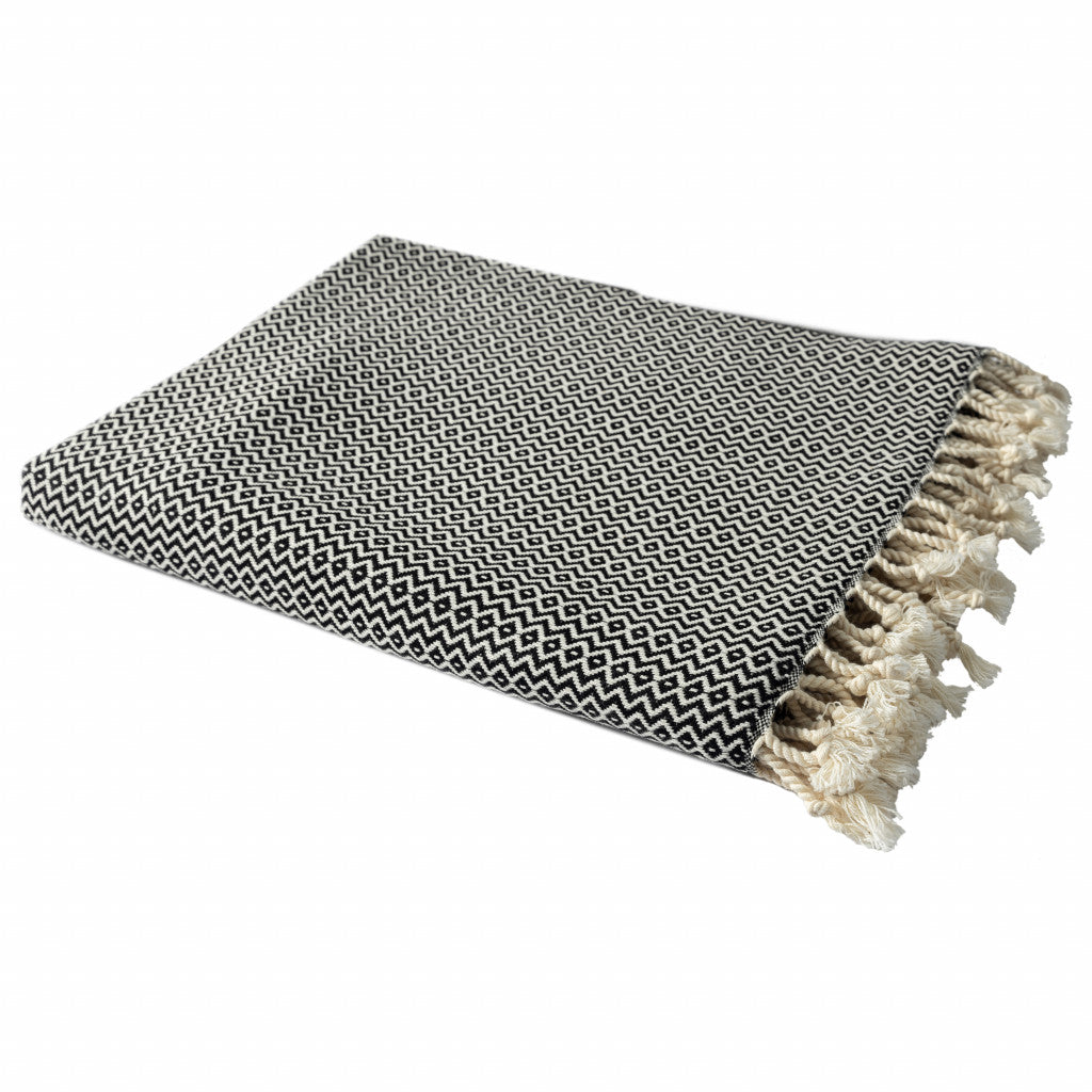 Black and White Woven Cotton Geometric Throw Blanket
