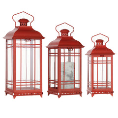 Set Of Three Red Flameless Floor Lantern Candle Holder