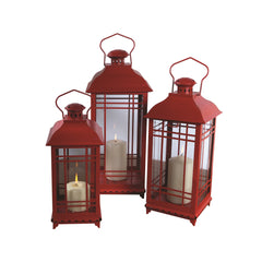 Set Of Three Red Flameless Floor Lantern Candle Holder