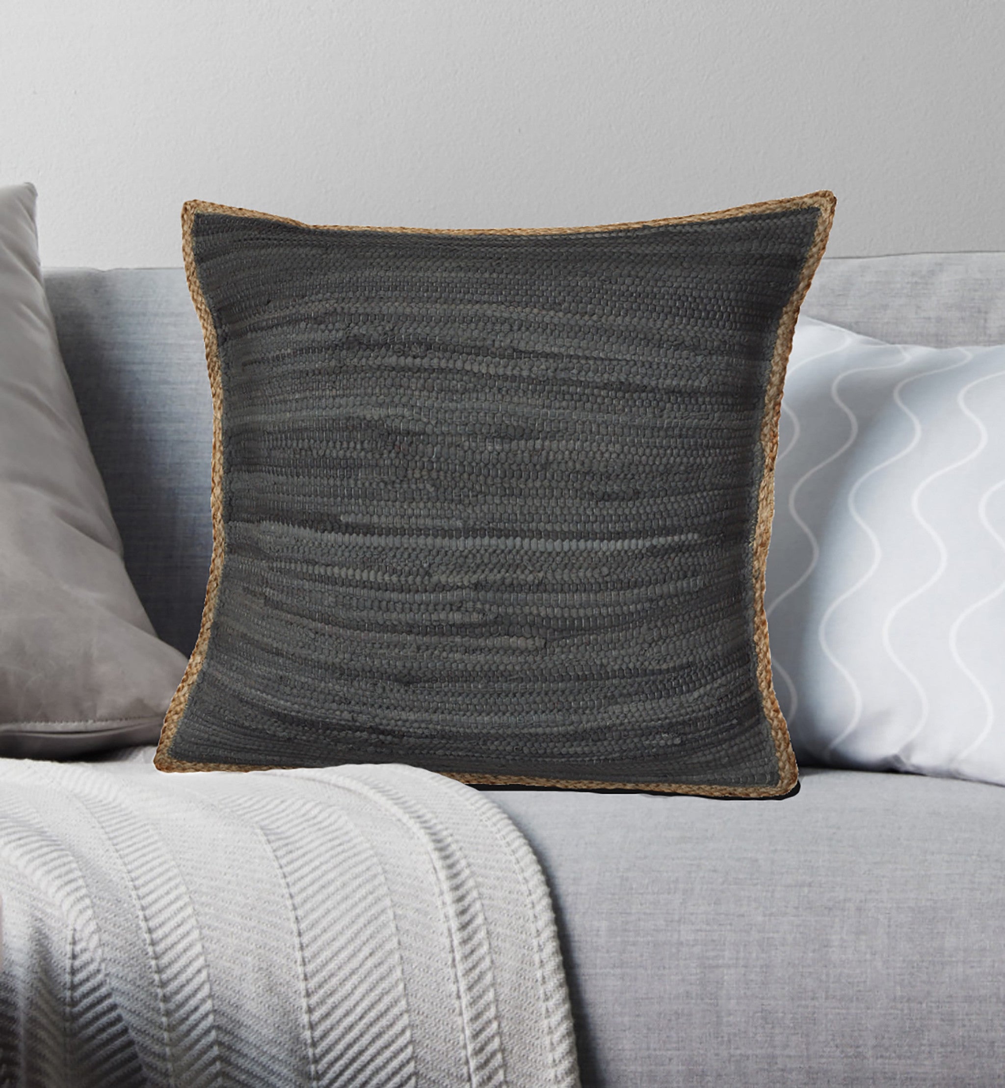 20" X 20" Anthracite Gray And Tan 100% Cotton Zippered Pillow