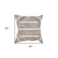 20" X 20" Beige and Brown Striped Faux Leather Zippered Pillow