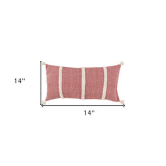 14" X 14" Red and White Cotton Pillow With Tassels Edges