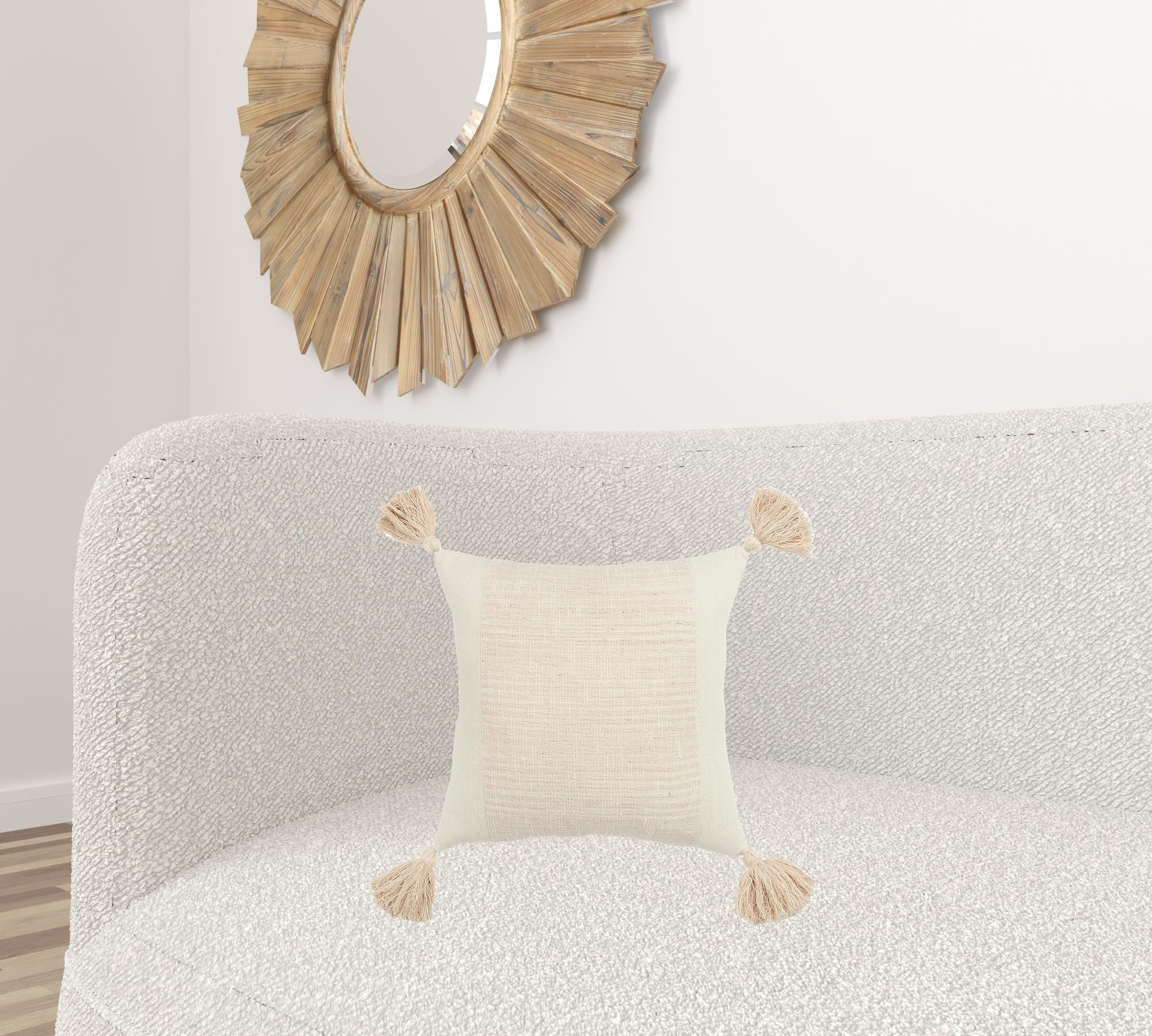 20" Pink and Ivory Cotton Pillow With Tassels Edges