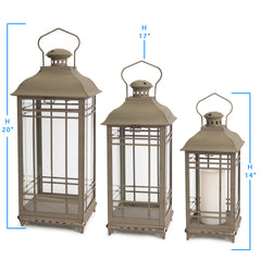 Set Of Three Brown Flameless Floor Lantern Candle Holder