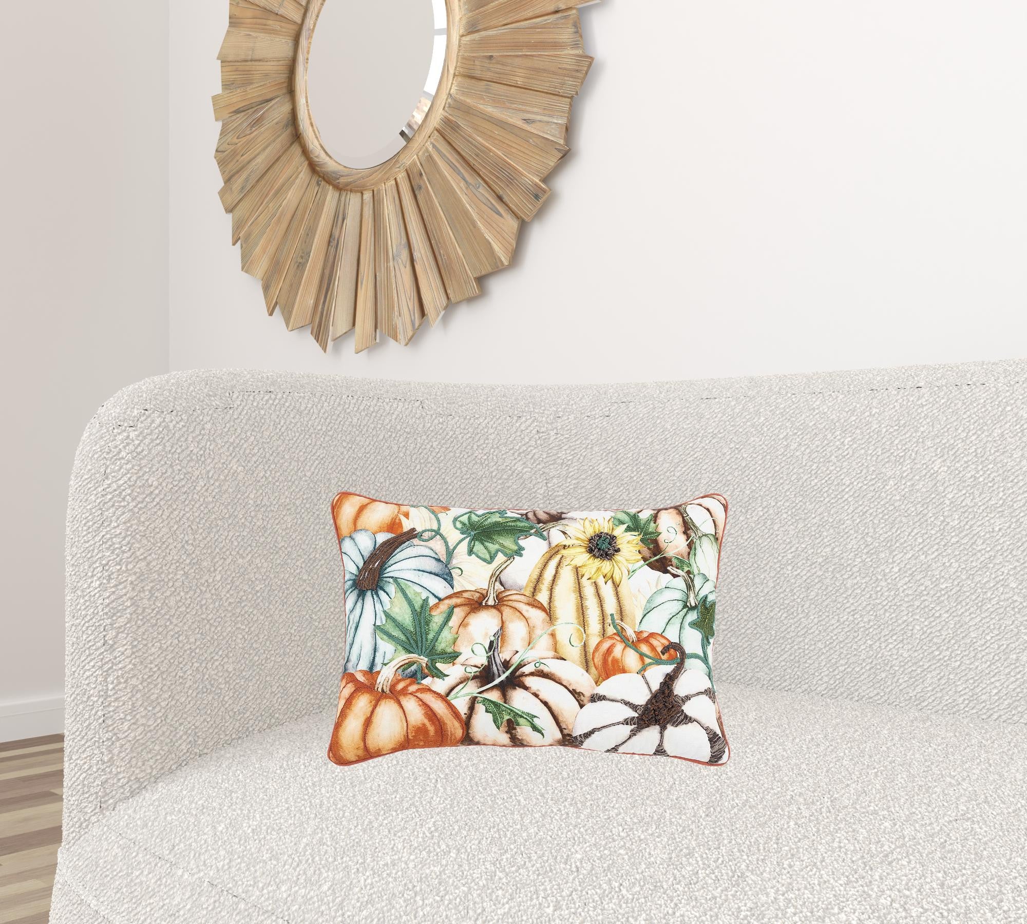14" X 20" Orange and Ivory Thanksgiving Cotton Pillow With Embroidery Edges